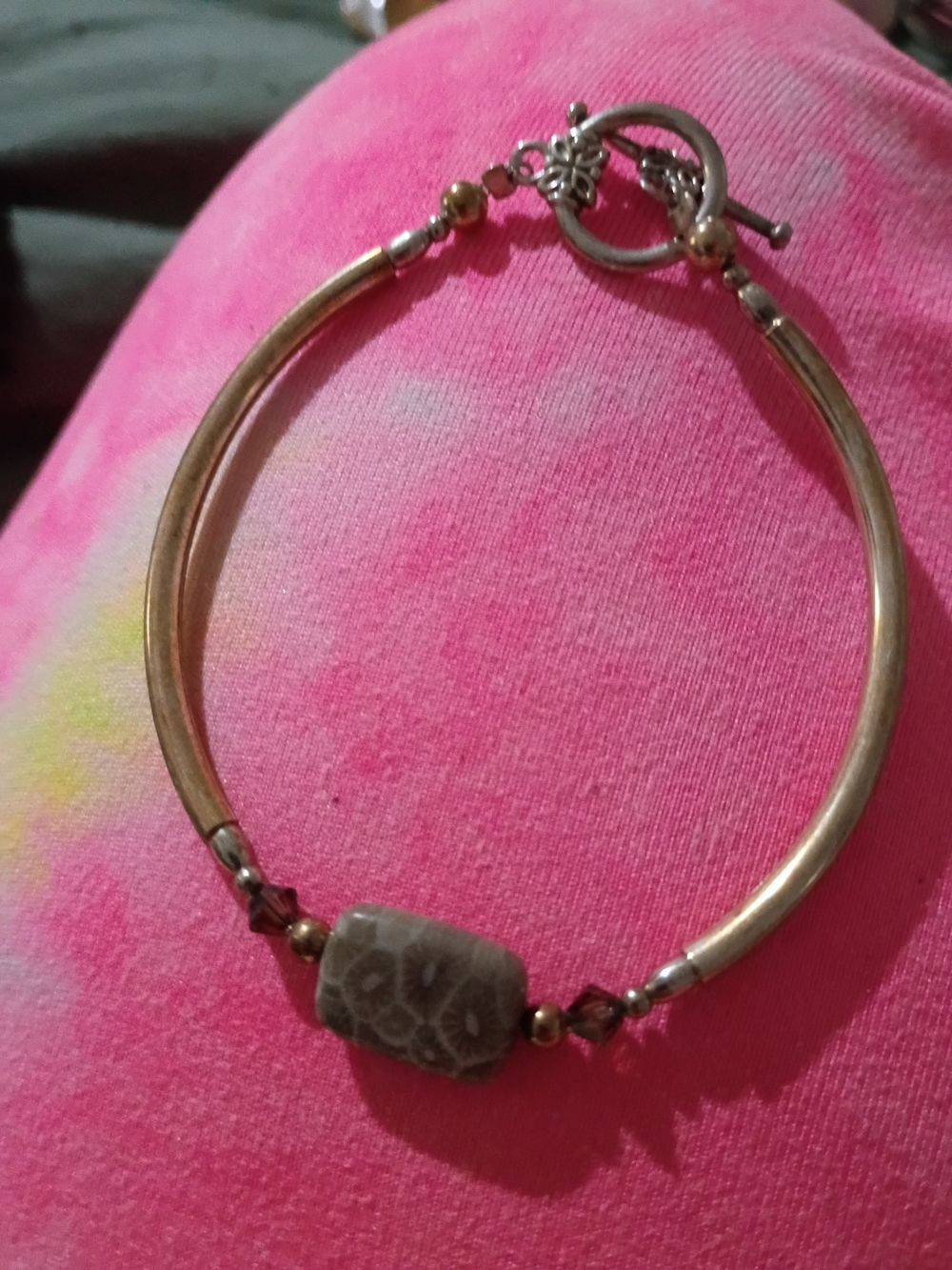 Gold-Tone Beaded Bracelet with Gray Accent Stone